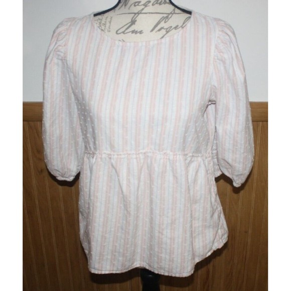 Time And Tru Tops - Time and Tru Pink &White  Stripe Swiss Dot Blouse Sz S Babydoll Fit Keyhole Back